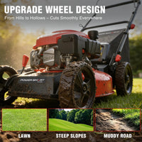 A gas-powered lawn mower with a 17-inch deck and adjustable height, designed for efficient grass cutting.