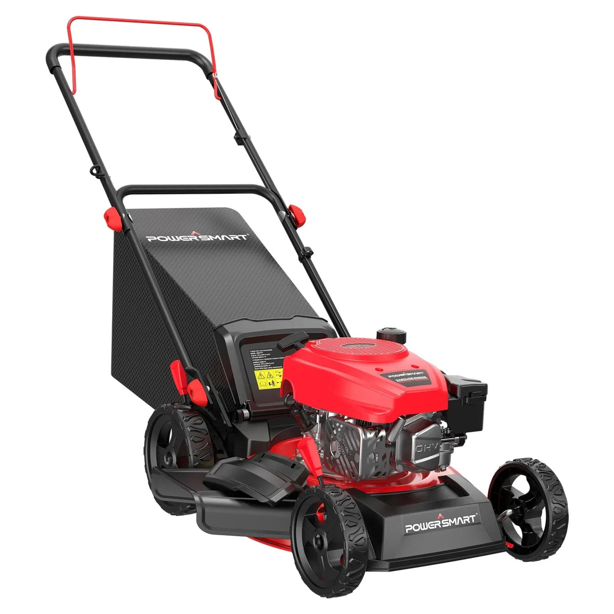 Red and black gas push lawn mower with a 17-inch deck and adjustable cutting height, shown on a green lawn.