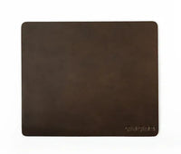 Dark brown full grain leather mouse pad with a smooth finish on a white background.