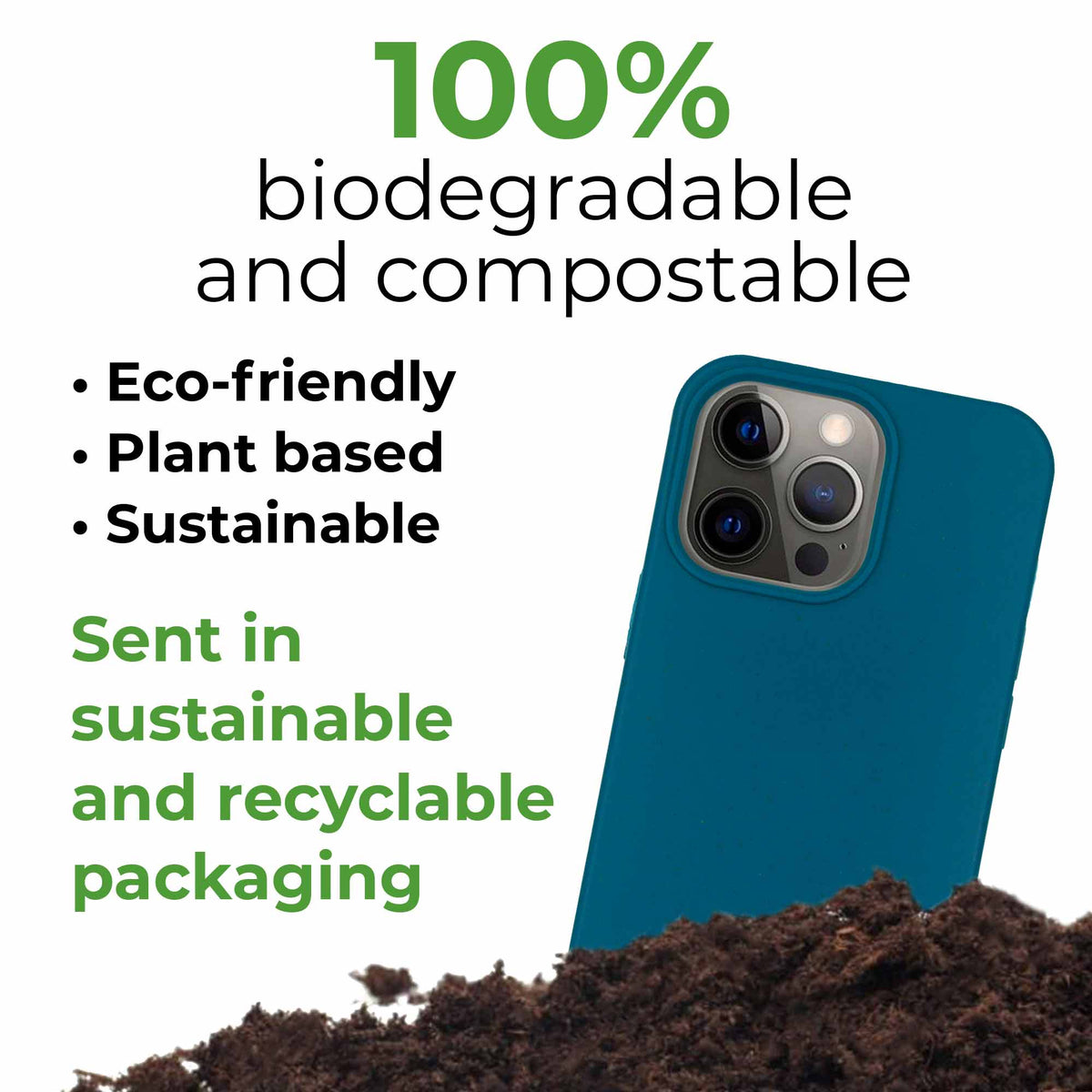 Close-up of a compostable Deep Blue phone case showing texture and sleek edges.