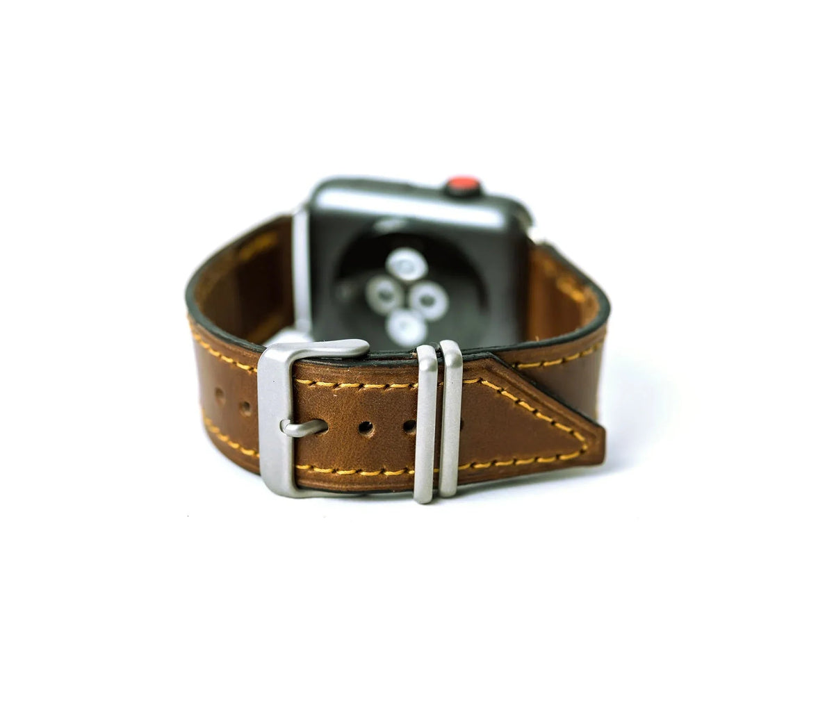 Rear view of brown Apple Band Designer watch band highlighting the metal hardware buckle.