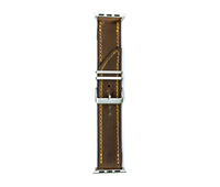 Two brown leather Apple Band Designer watch bands side by side on clean surface with visible stitching.