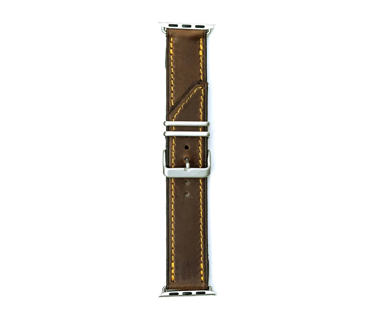 Two brown leather Apple Band Designer watch bands side by side on clean surface with visible stitching.