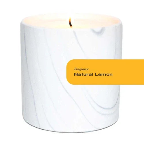 Three handcrafted white marble ceramic candle vessels with black and gray swirls, shown individually on white.