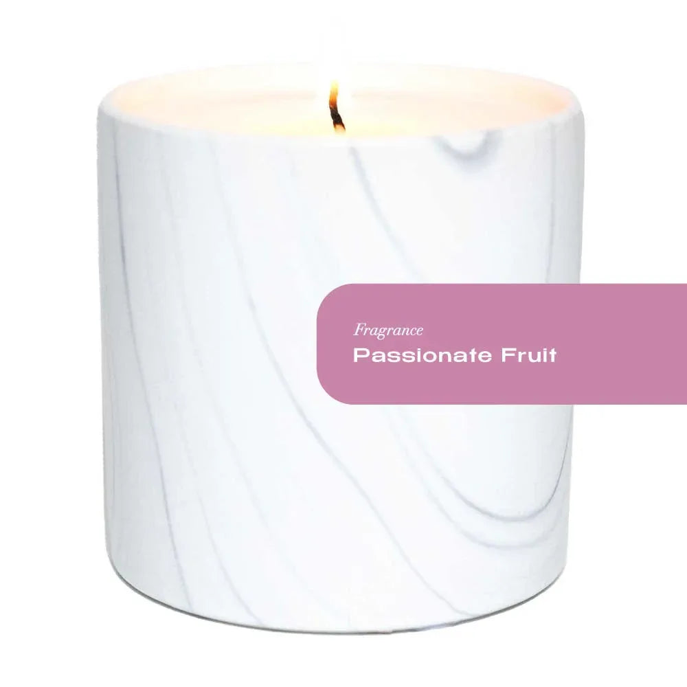 Hand-painted white marble ceramic vessel candle with gray and black swirls, 6oz Passionate Fruit scent.