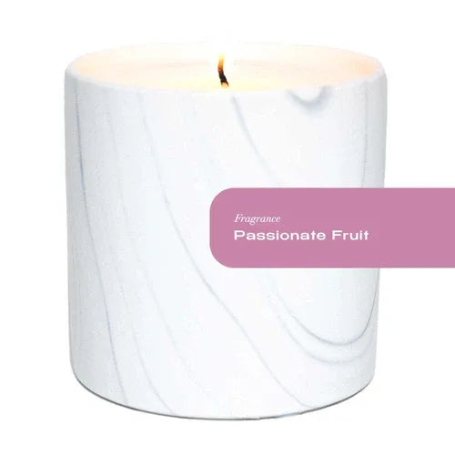 White marble ceramic candle vessel showing unique hand-painted swirls in gray and black tones.