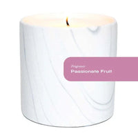 White marble ceramic candle vessel showing unique hand-painted swirls in gray and black tones.