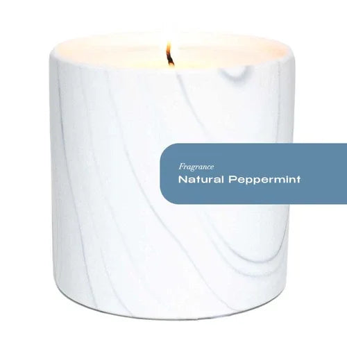 Detailed view of white marble ceramic candle container featuring elegant gray and black swirls design.
