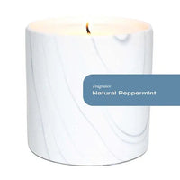 Detailed view of white marble ceramic candle container featuring elegant gray and black swirls design.