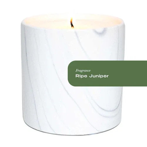 Isolated shot of Ripe Juniper White Marble Candle showing the unique white marble ceramic container with elegant gray and