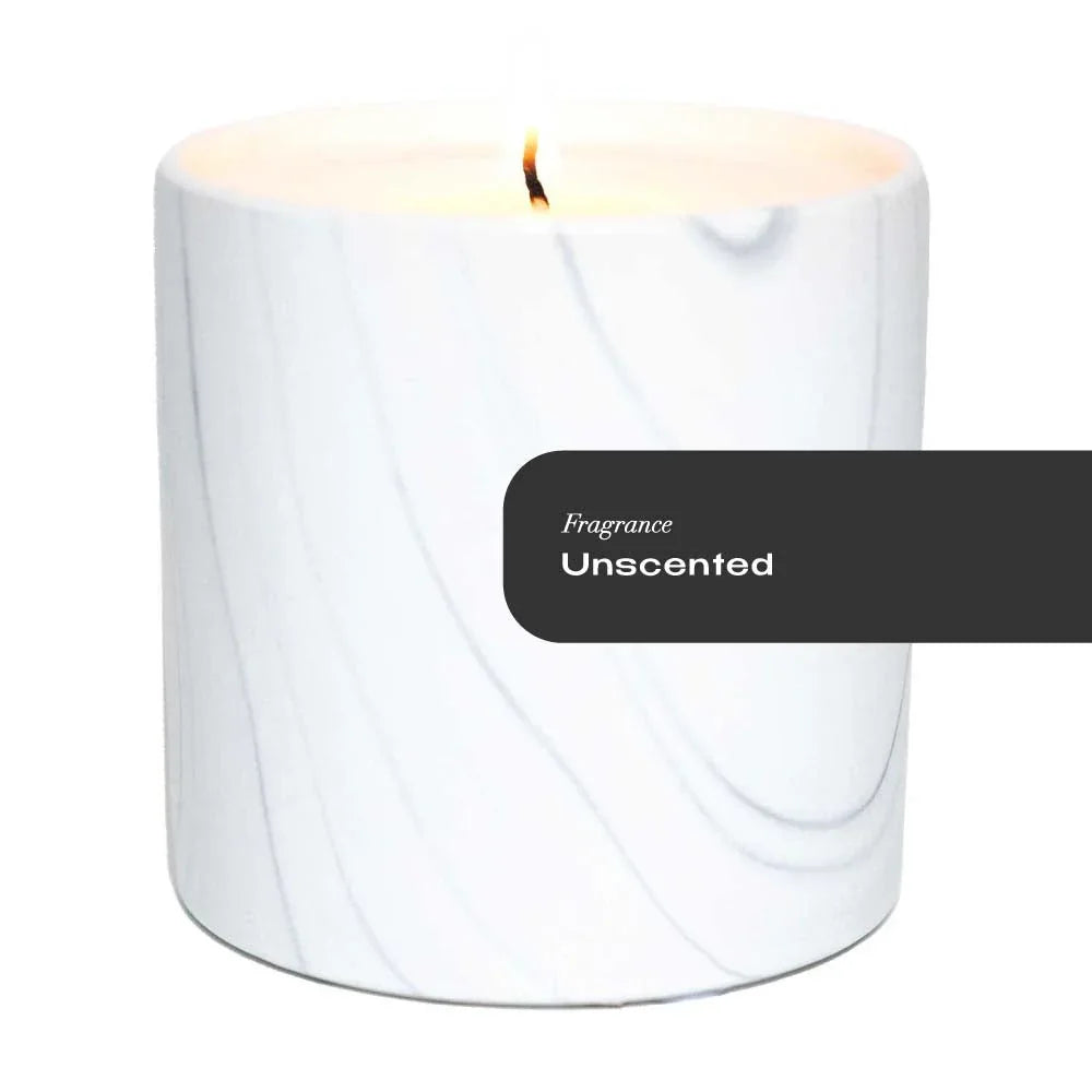 Hand-painted white marble ceramic candle vessel with gray and black swirls, unscented candle inside.