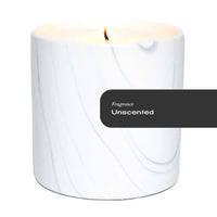 Hand-painted white marble ceramic candle vessel with gray and black swirls, unscented candle inside.