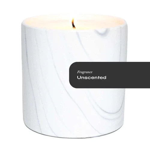 White marble ceramic container with lovely gray and black swirls holding an unscented candle.