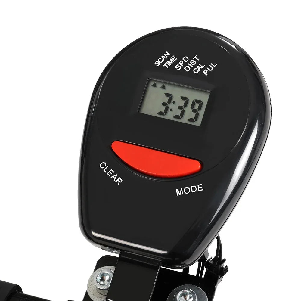 Close-up of spin bike handlebar with resistance control knob