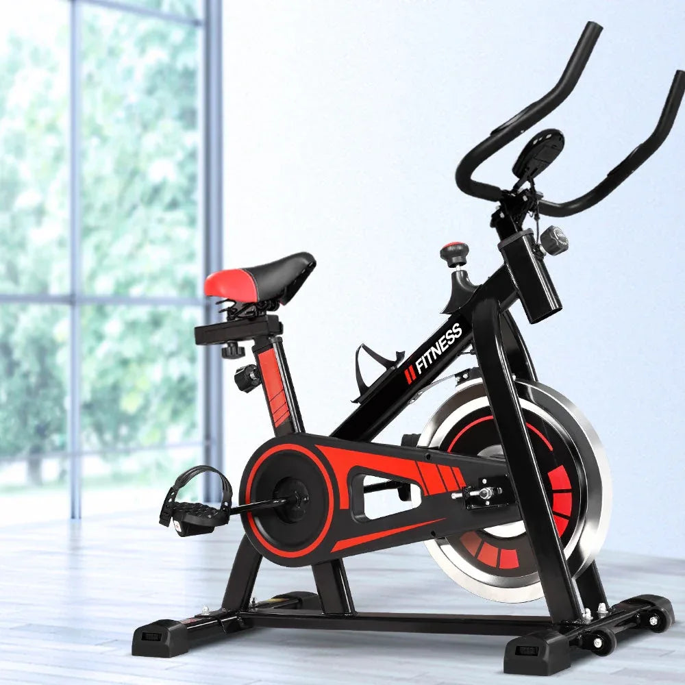 Rear view of spin bike showing frame and base stabilizers