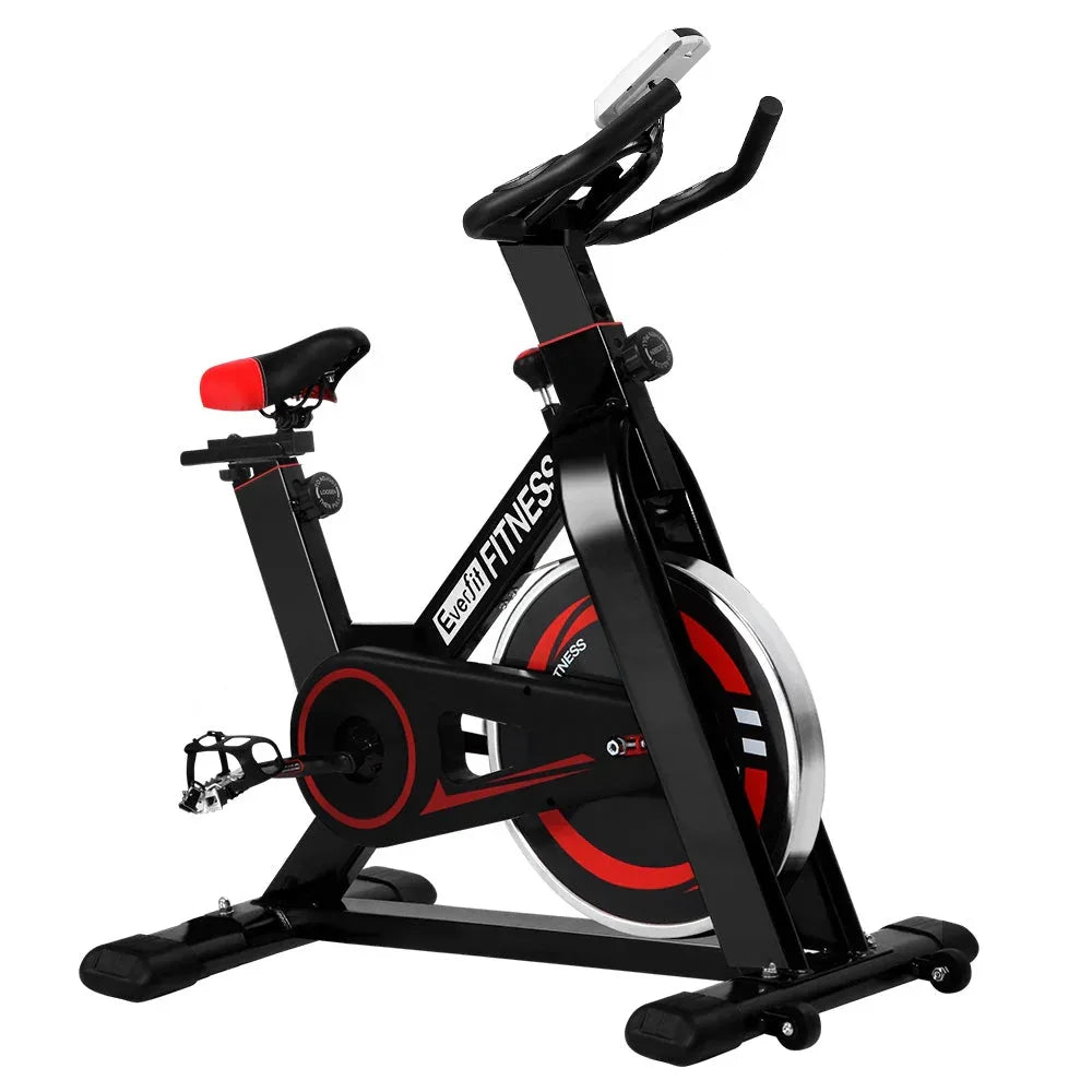 Black Everfit Spin Exercise Bike showing side view with sturdy frame and pedals.