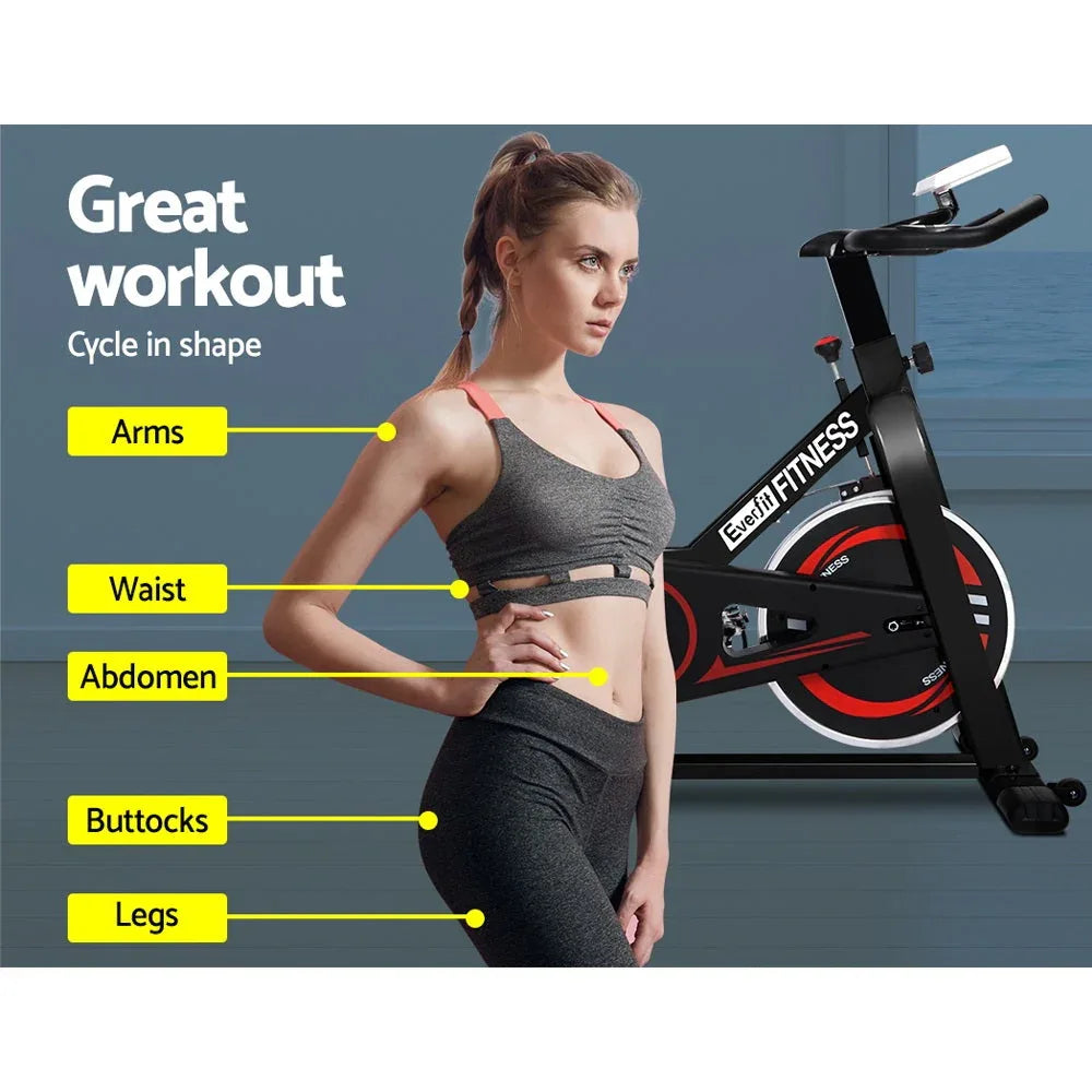 LCD monitor displaying workout stats mounted on the Everfit Spin Exercise Bike.