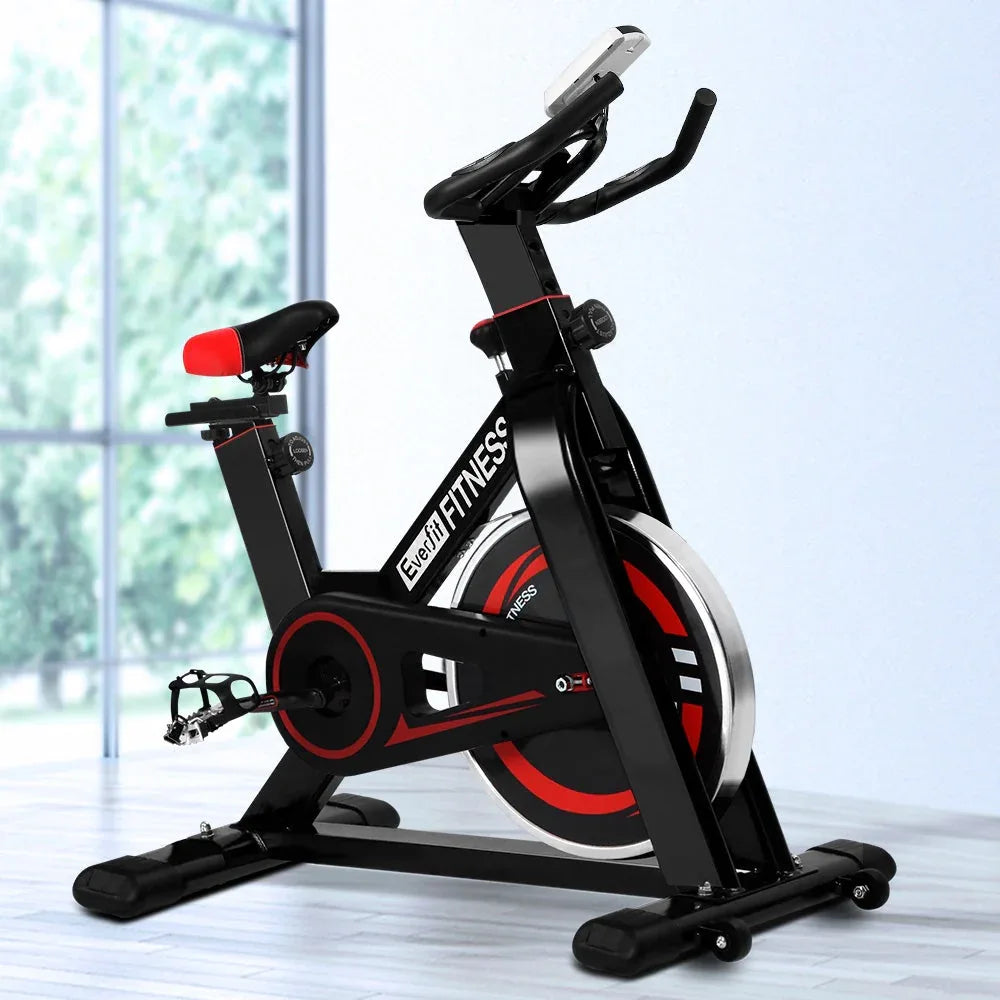 Rear view of the exercise bike showcasing the powder-coated steel frame construction.