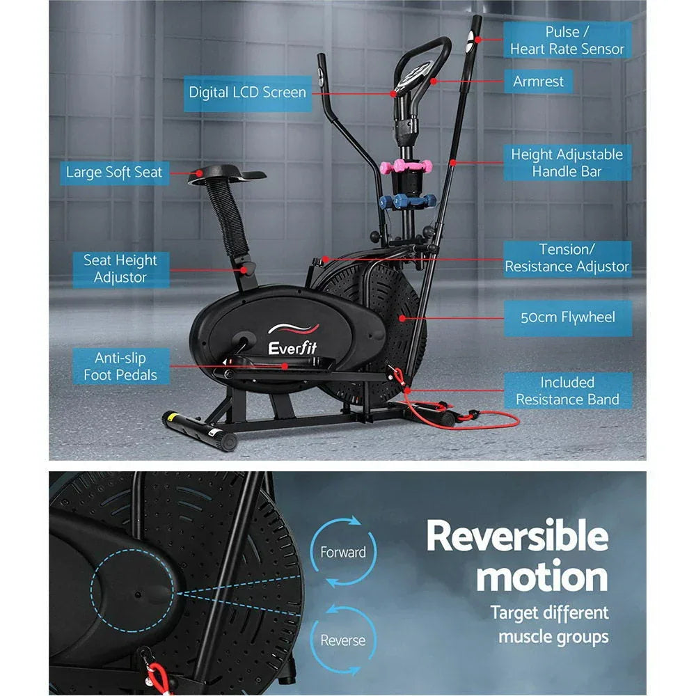 LCD display on Everfit Elliptical Cross Trainer showing workout parameters and settings.