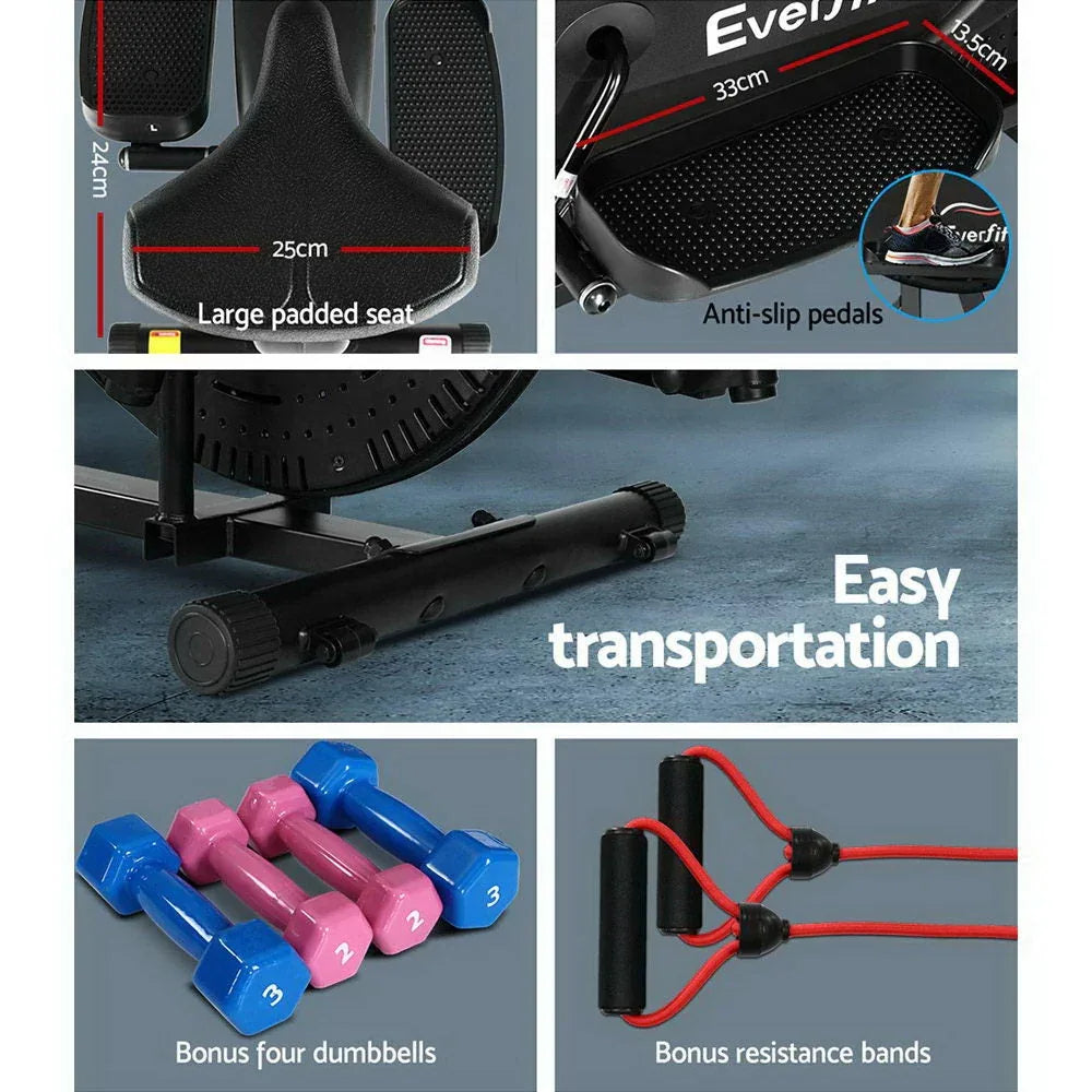 Full profile of Everfit 6in1 elliptical trainer illustrating adjustable resistance knobs.
