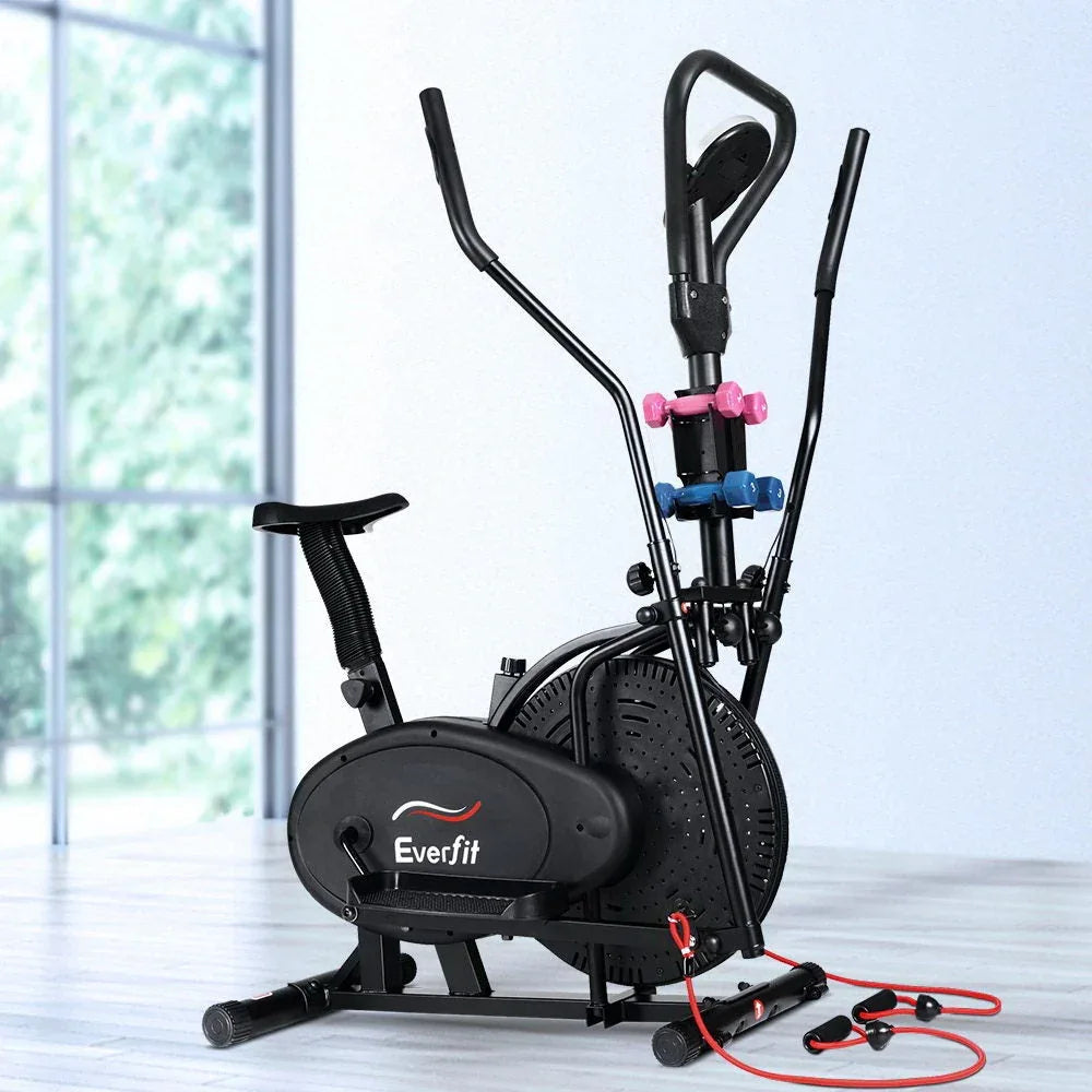 Rear view of black elliptical cross trainer showcasing powder-coated steel frame and pedals.