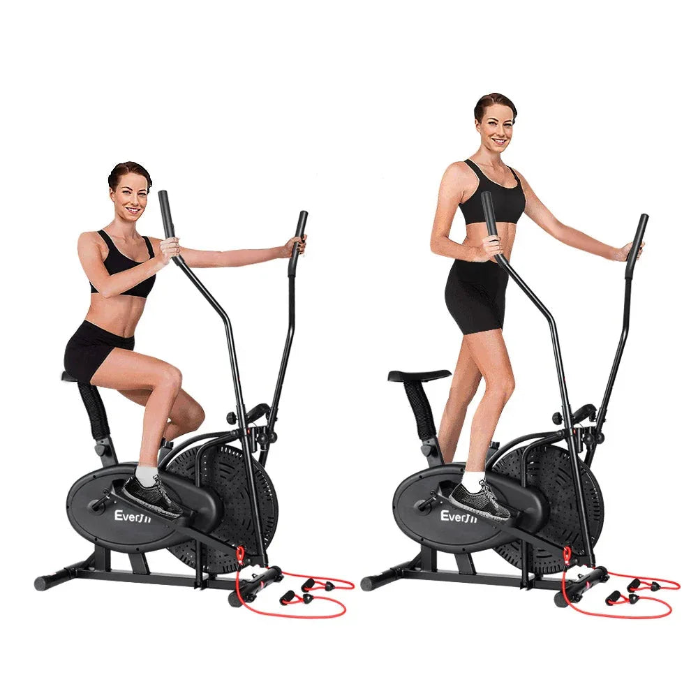 Close-up of LCD display on Everfit elliptical bike showing workout parameters.