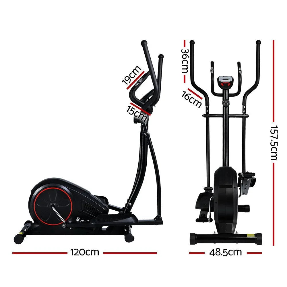 Side view of black Everfit elliptical cross trainer highlighting foot pedals and handlebars