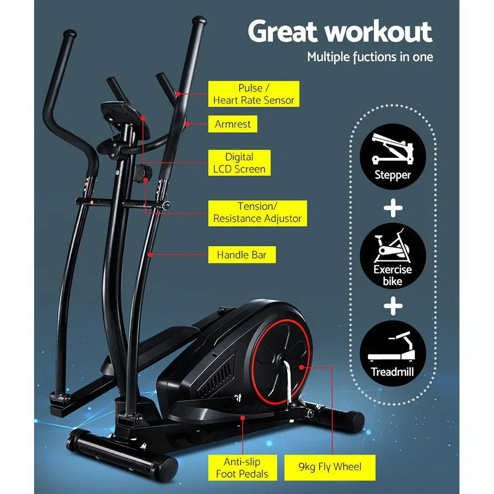 Close-up of the Everfit elliptical cross trainer's adjustable resistance knob and frame