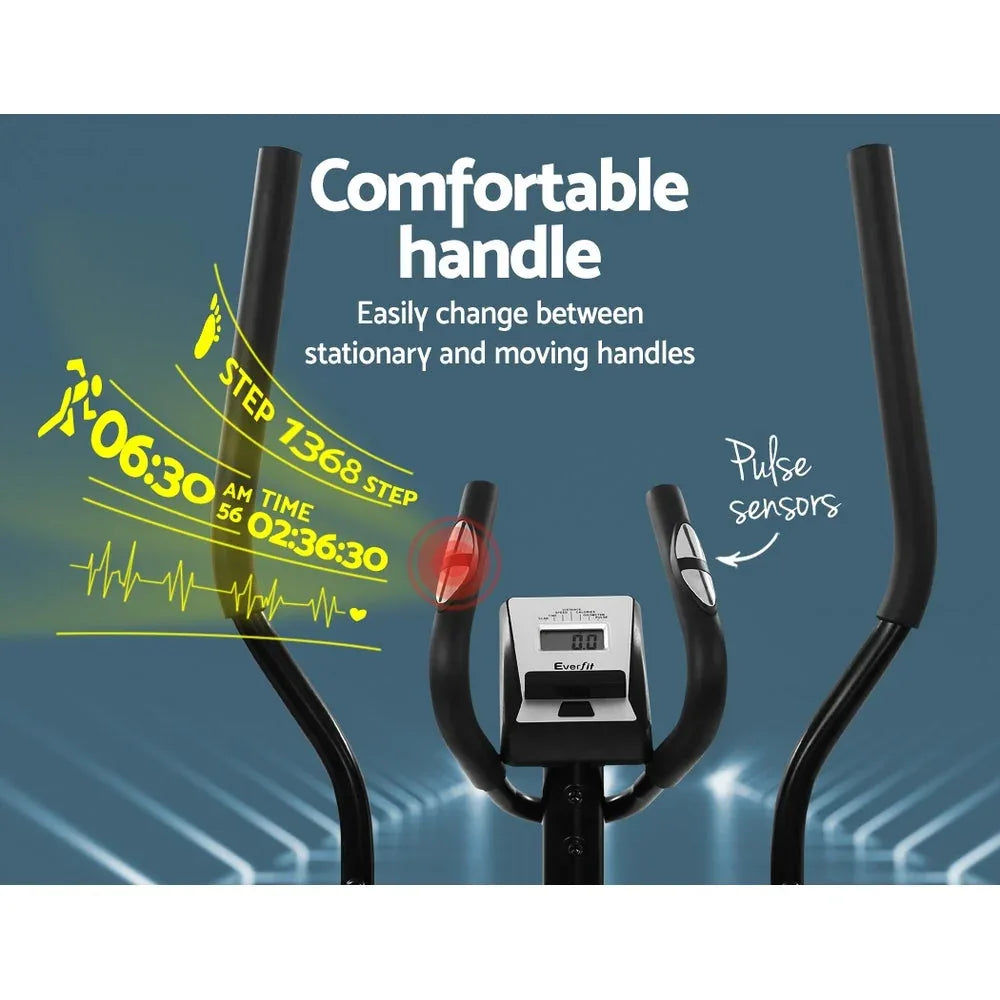 LCD display panel of the Everfit elliptical showing workout metrics and settings.