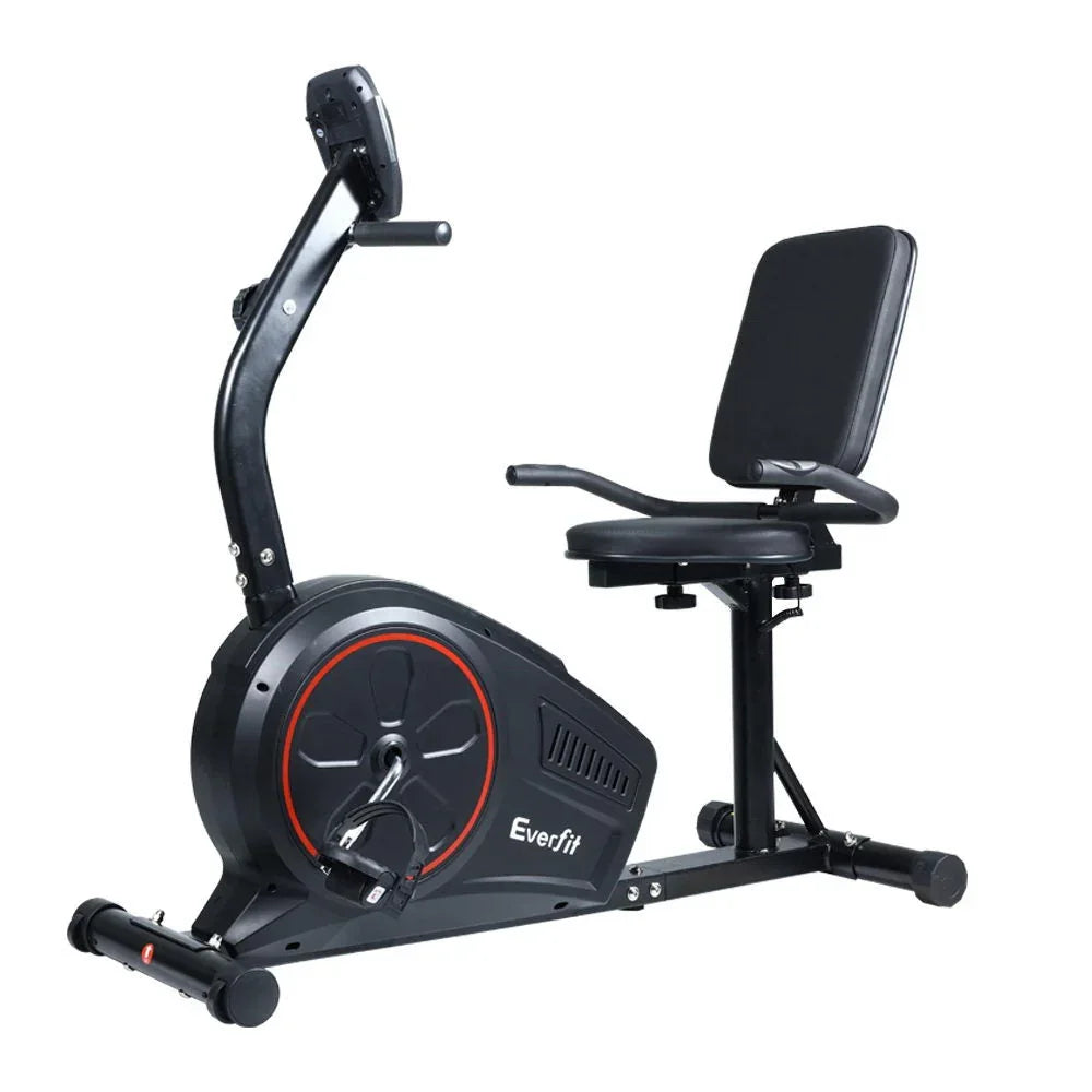 Everfit Magnetic Recumbent Exercise Bike shown from the side with padded seat and backrest in black.
