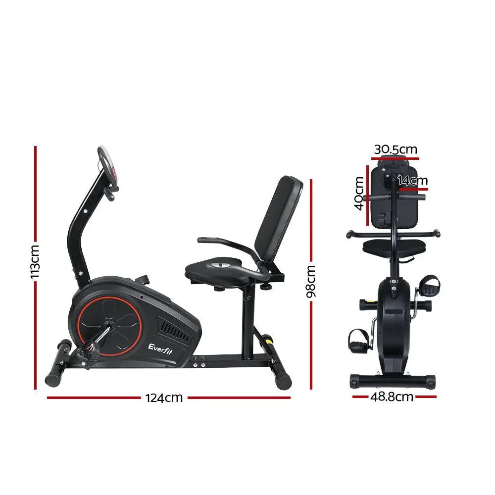 Close-up of the bike's adjustable padded seat and upright backrest with sturdy frame in black.