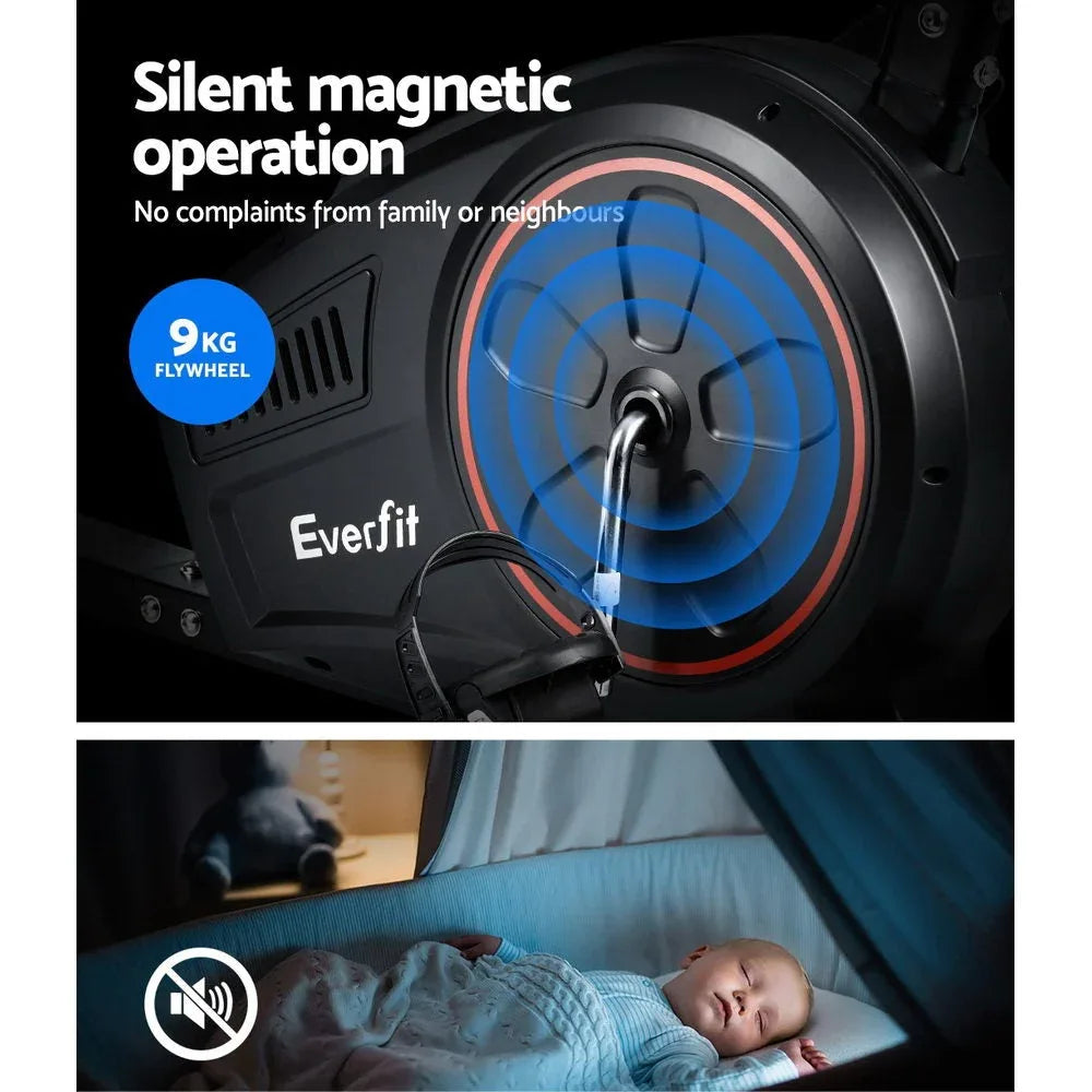 Side view highlighting ergonomic design of the Everfit recumbent bike with handles near seat.
