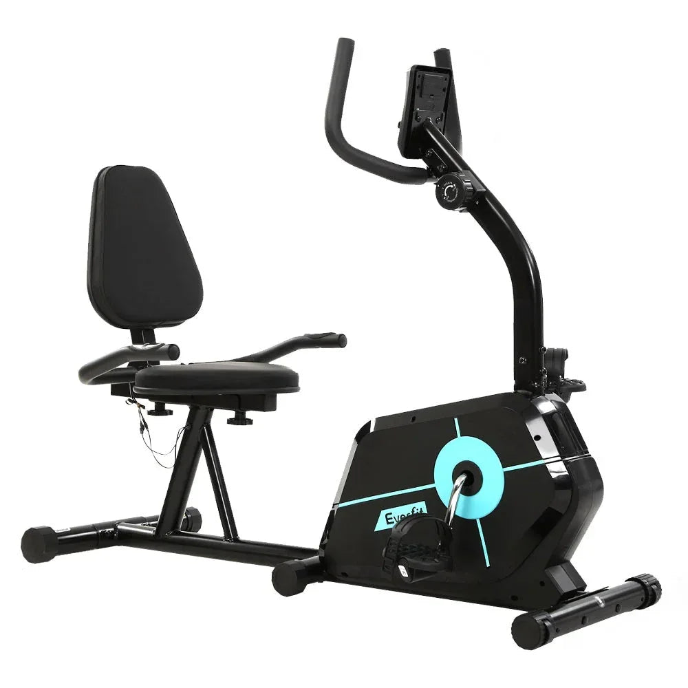 Black Everfit magnetic recumbent exercise bike side view showing seat and pedals