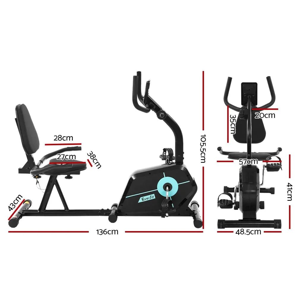 Everfit recumbent exercise bike angled front view with LCD display visible
