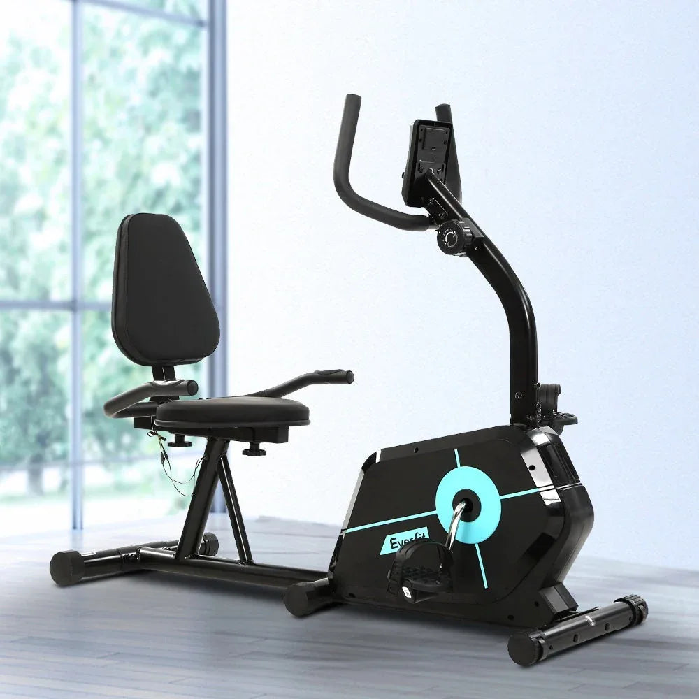 Everfit recumbent bike captured from rear angle showing sturdy base and backrest