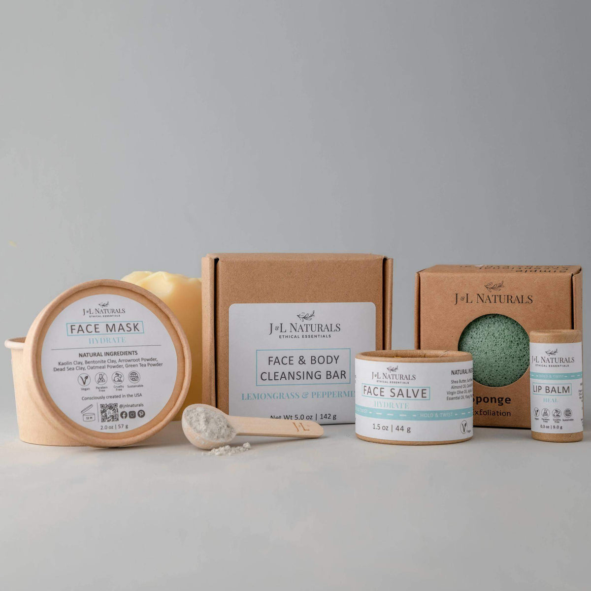Hydrate skincare kit components arranged neatly, highlighting natural ingredients for dry skin.