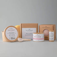 Shine set for normal to dull skin displayed with cleansing bar, face mask, and sponge.