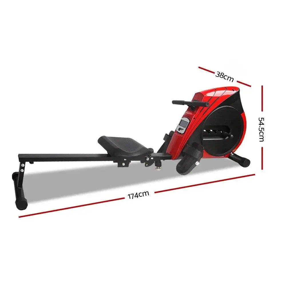 Close-up of the rowing machine's LCD display console and adjustable footrests with straps.