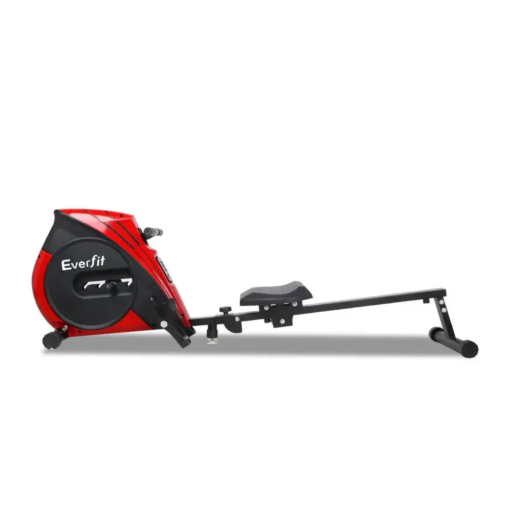 Side profile of the Everfit rowing machine highlighting the molded seat and sturdy frame.