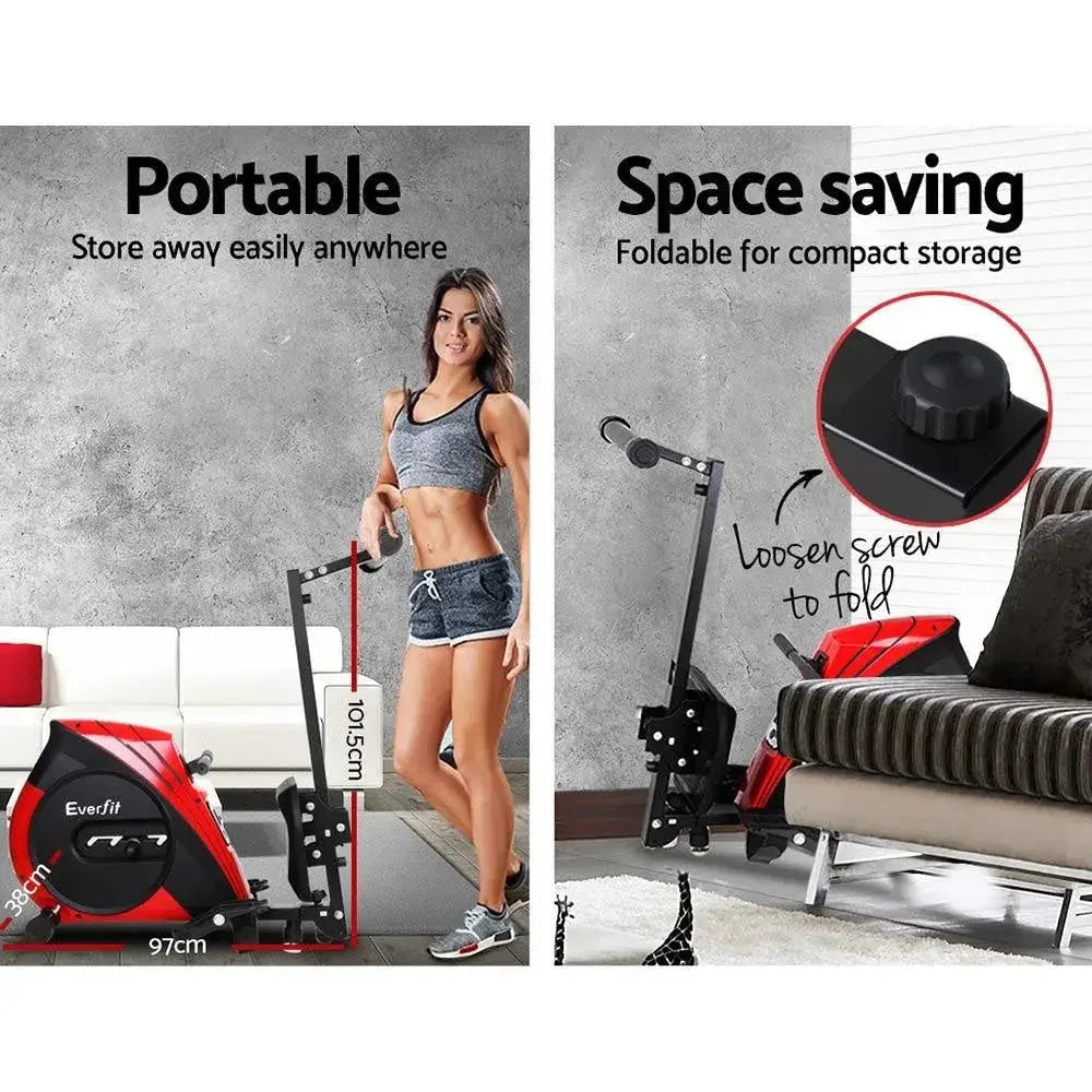 Rowing machine folded for compact storage, emphasizing its space-saving design.