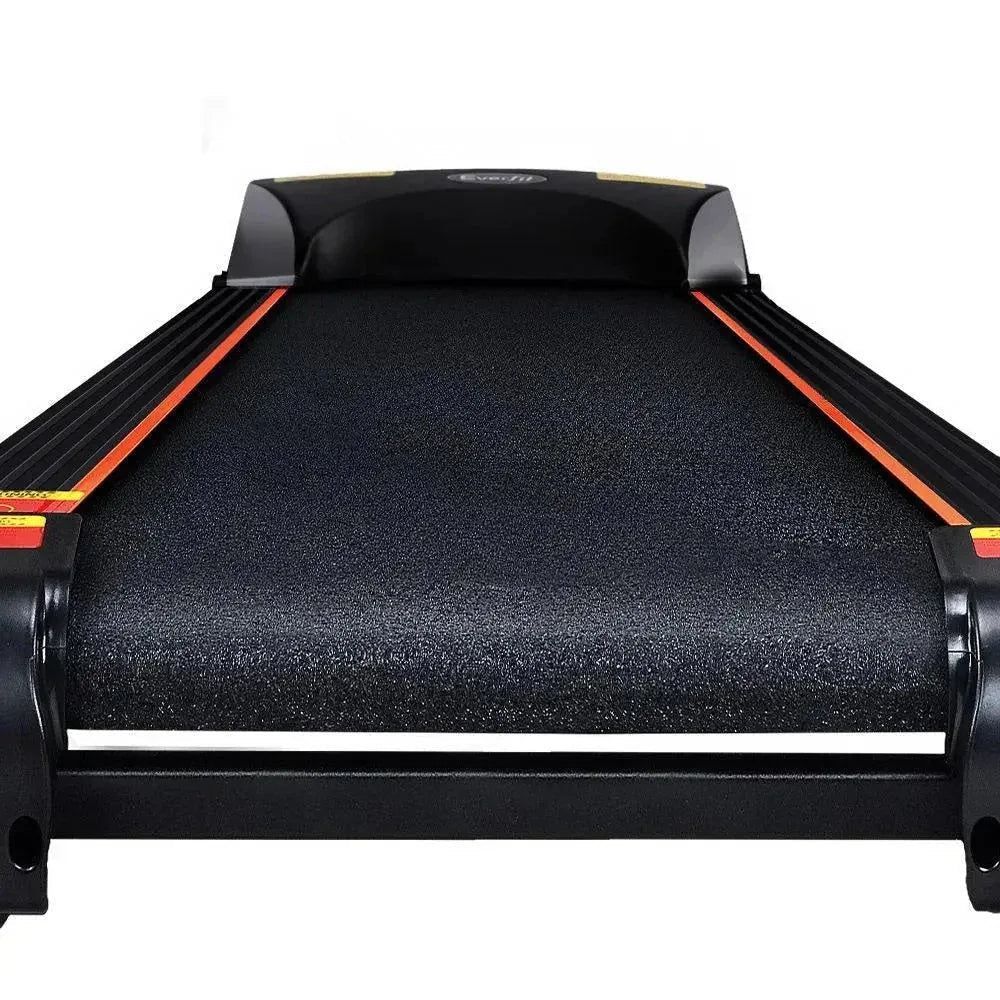 Treadmill on wooden floor highlighting textured anti-slip running belt