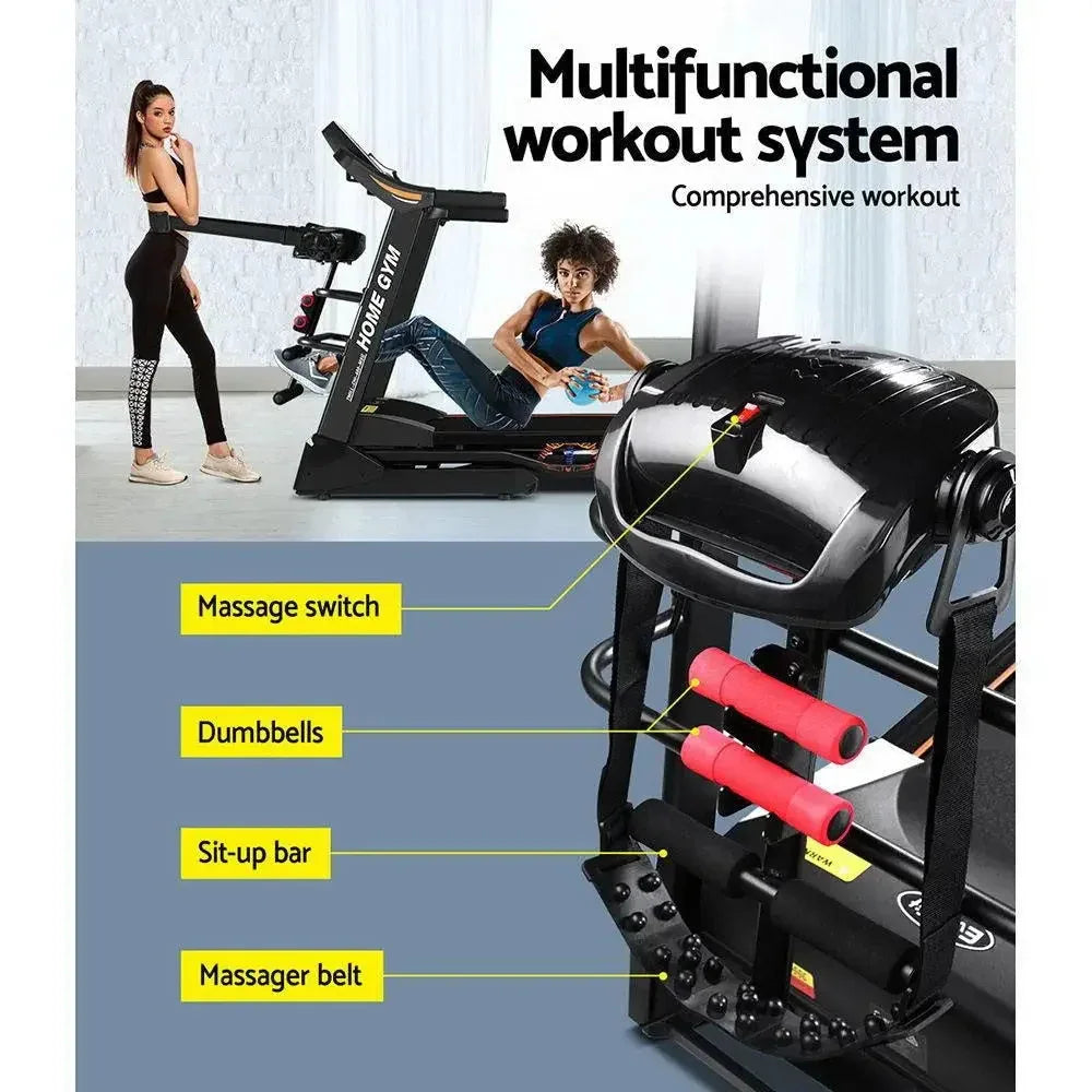 Side view of treadmill featuring sturdy powder-coated steel frame and soft-grip handlebars