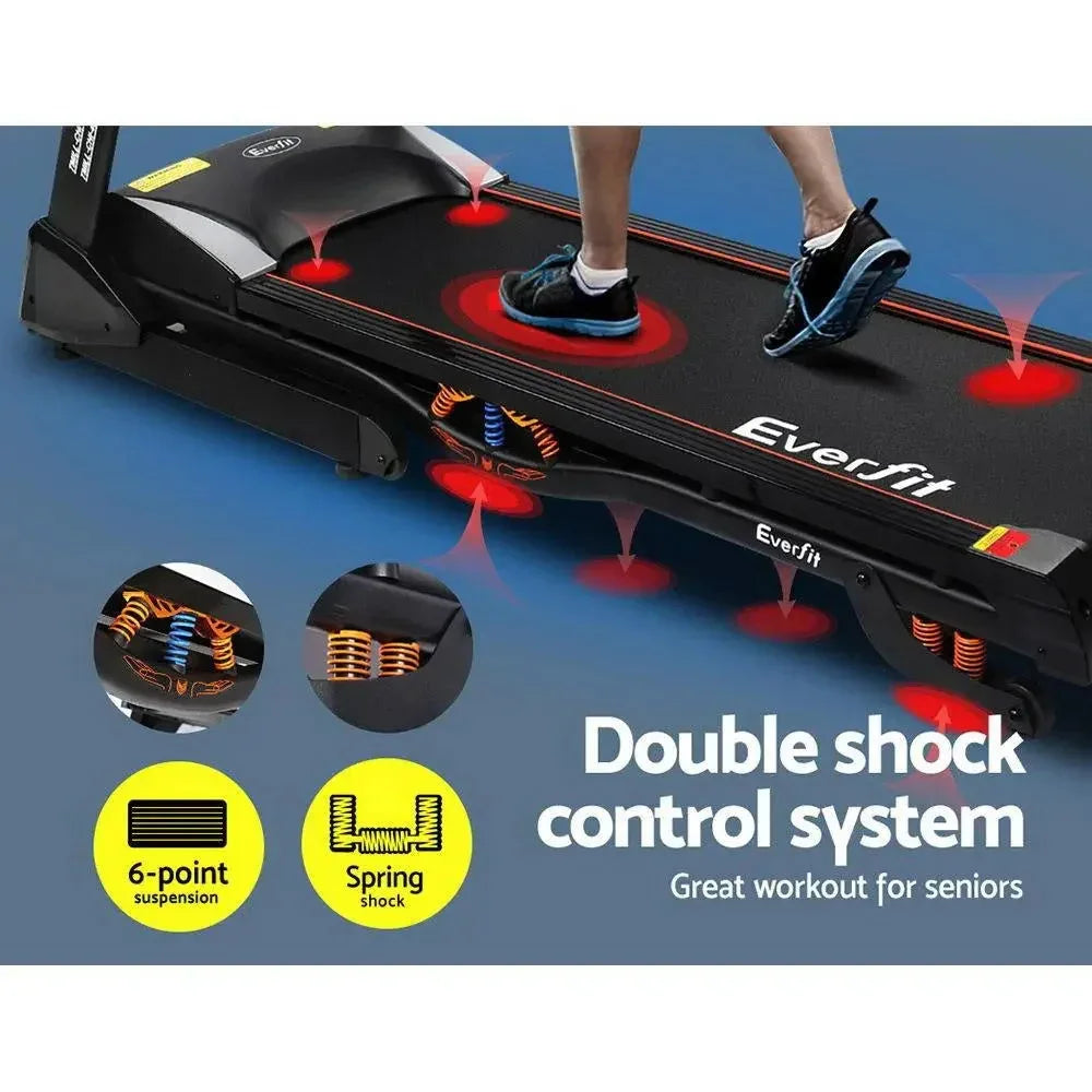 Treadmill running deck with speed and incline adjustment buttons visible