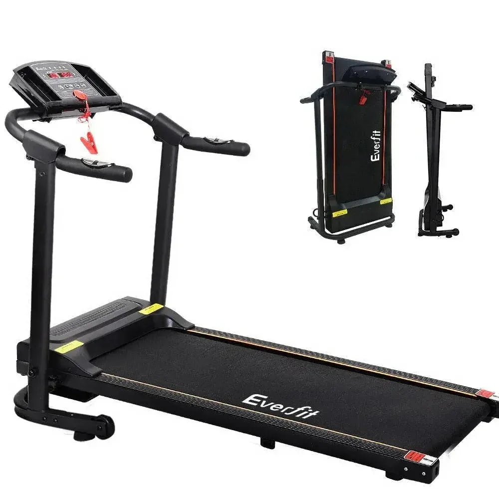 Everfit Electric Treadmill angled side view highlighting sturdy steel frame and running belt.
