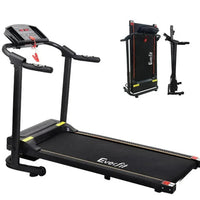 Everfit Electric Treadmill angled side view highlighting sturdy steel frame and running belt.