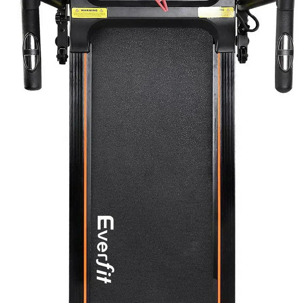 Side profile of treadmill showing anti-slip belt and soft-grip handle bar with pulse sensors.