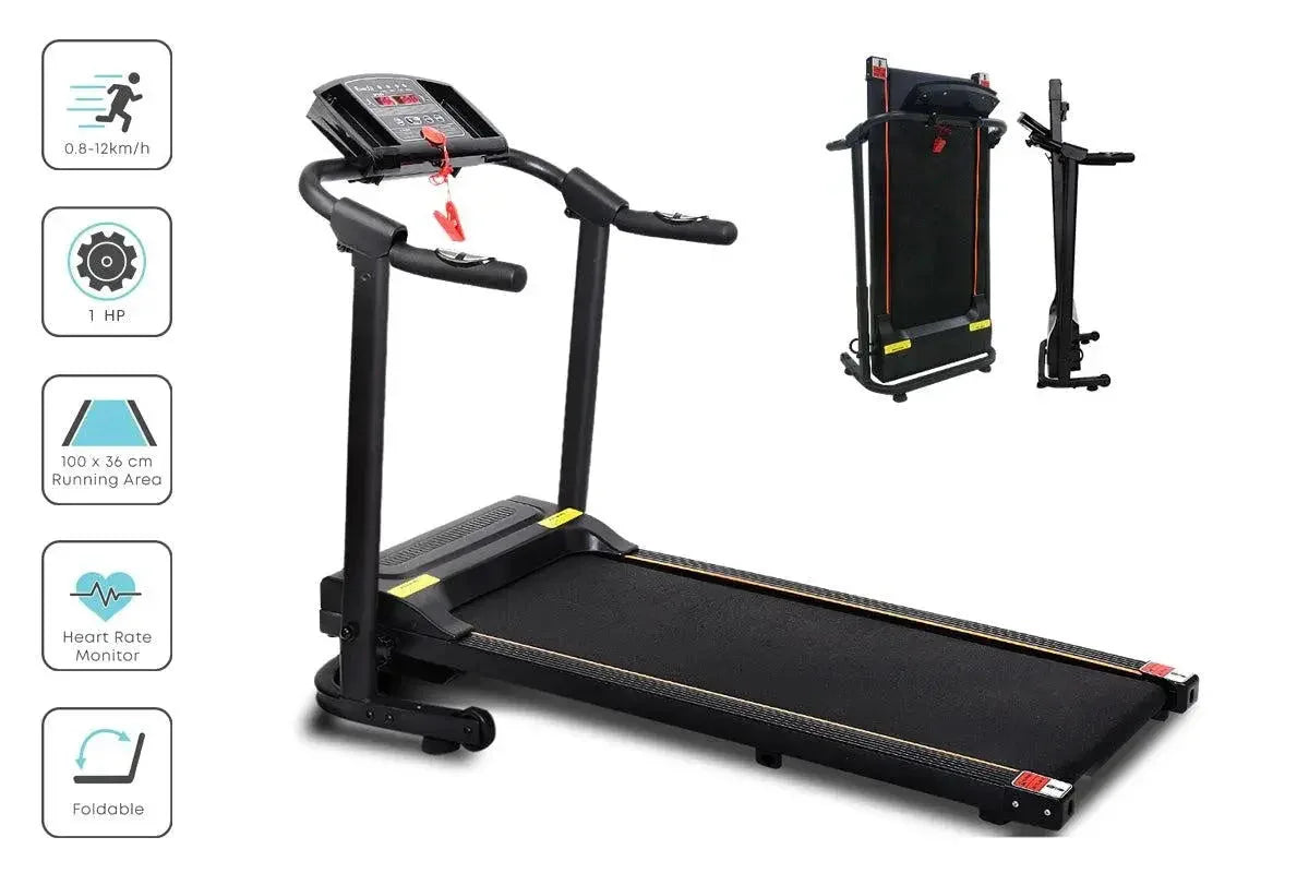 Folded treadmill showing space-saving feature ideal for home fitness areas.
