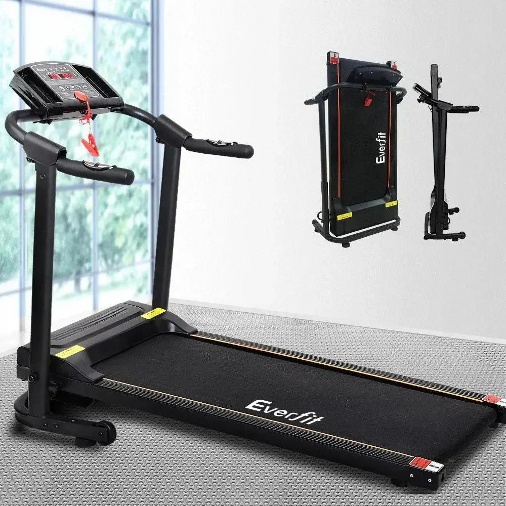 Treadmill front view emphasizing sleek design and pulse sensor grips on handle bar.