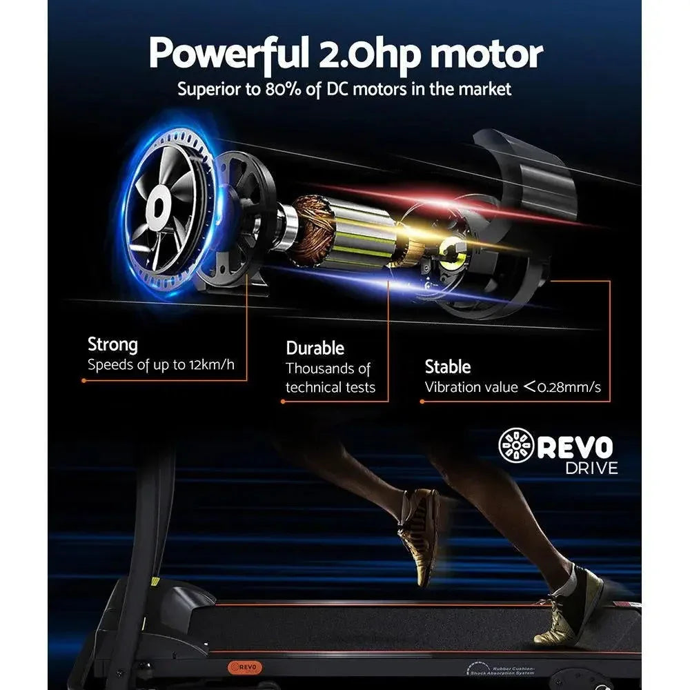 Side view of treadmill running platform with anti-slip belt and incline feature
