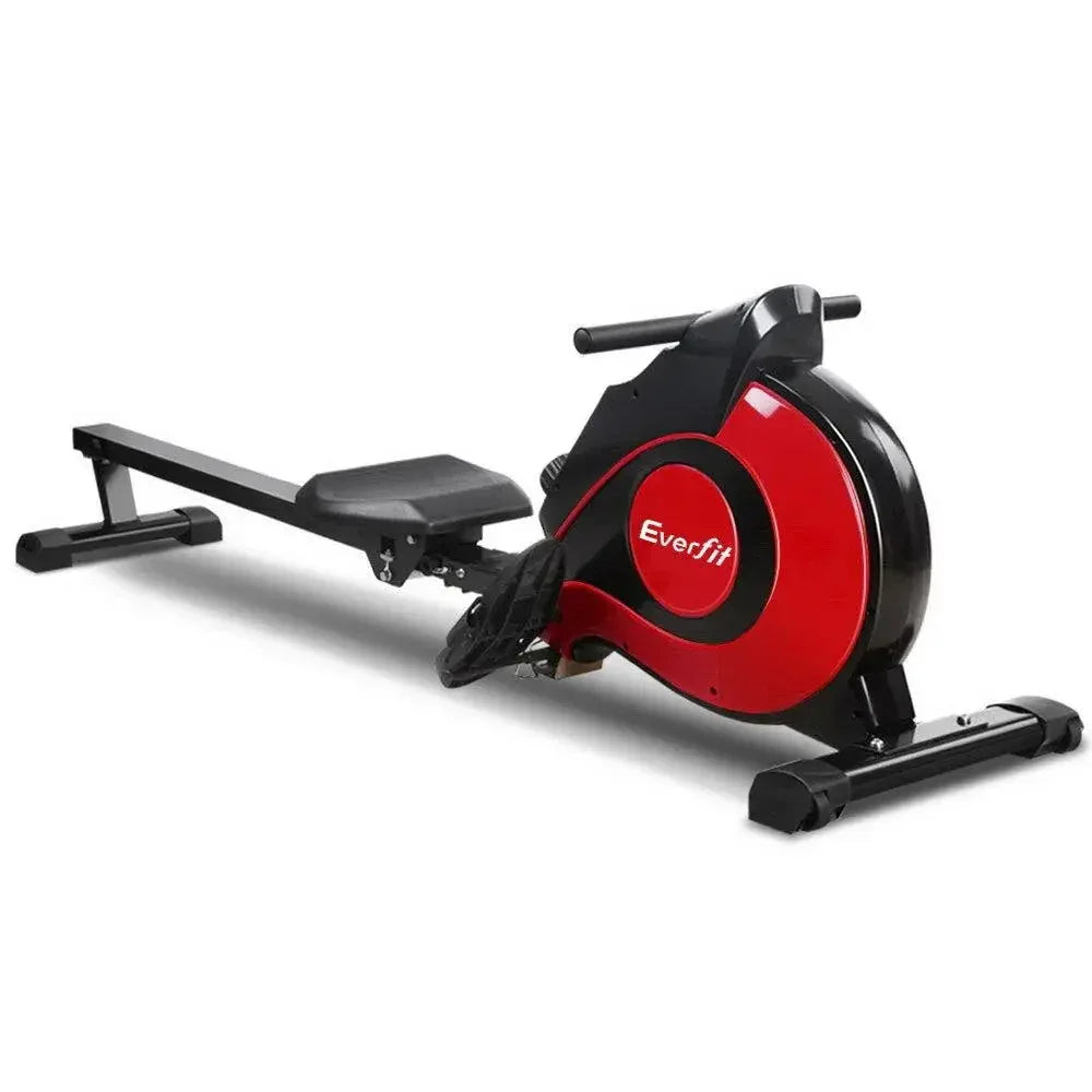 Everfit Resistance Rowing Exercise Machine angled view showing sturdy frame and magnetic flywheel system.